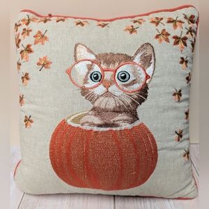 Pier 1 Cat Pumpkin Pillow Embroidered Fall Home Decor